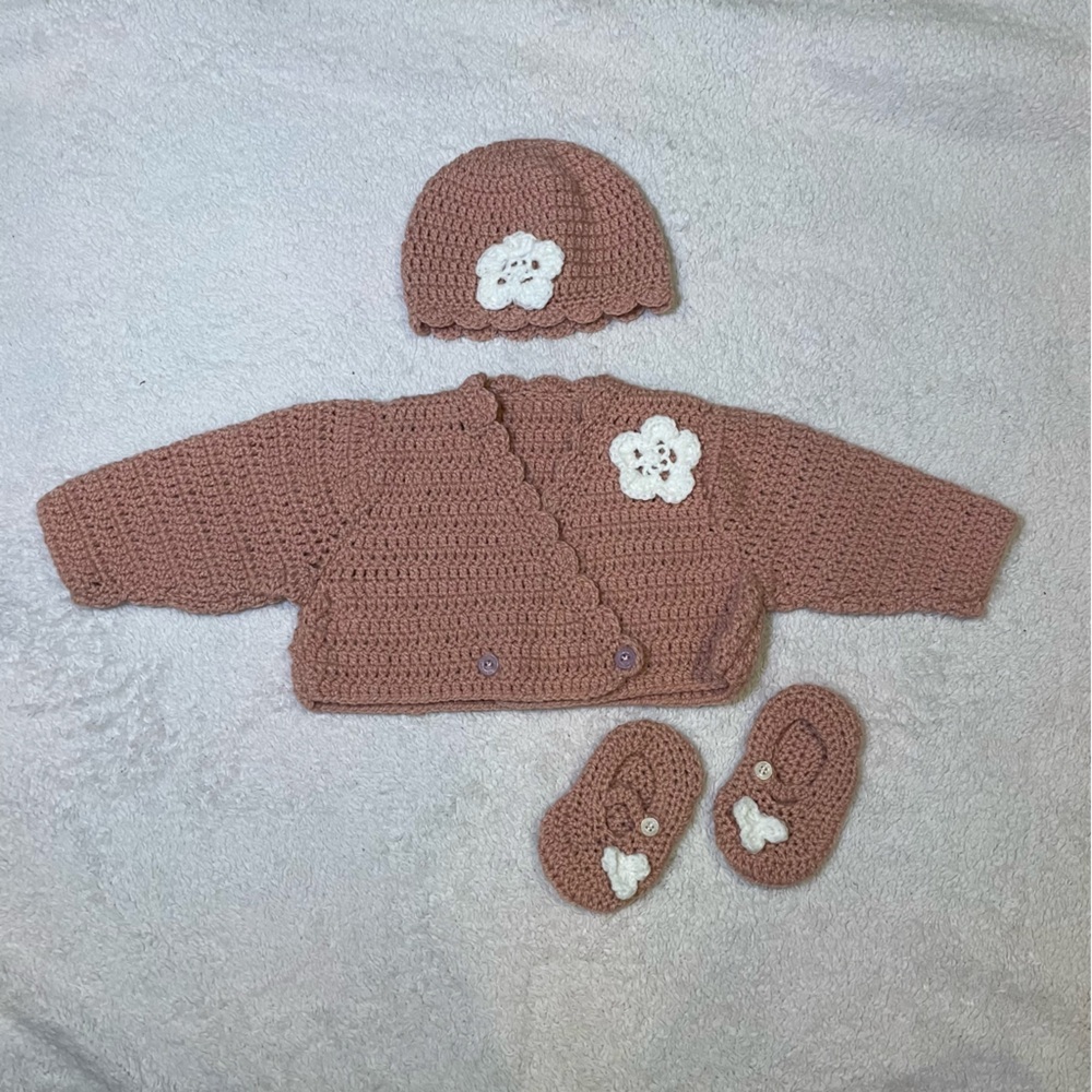 Adorable Blush Pink Kids Crochet Set with White Flower